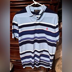 Men’s size XL Polo by Ralph Lauren Light Blue Navy Striped Polo with Red Pony